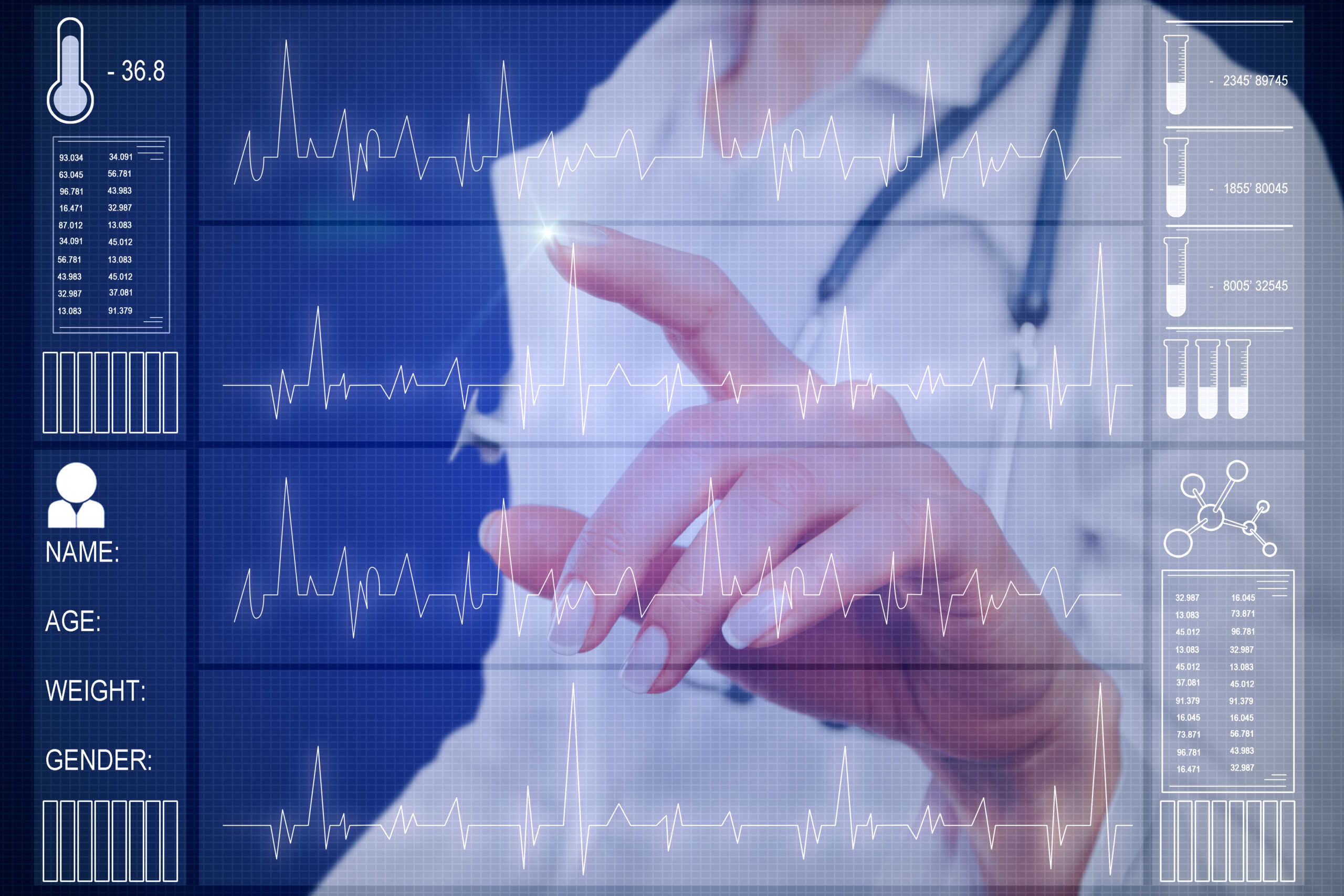Close-up of hands performing a finger-prick blood test with a blue digital medical dashboard showing vitals and charts.